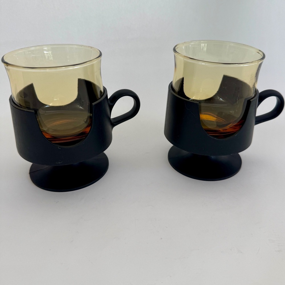 Vintage Corning Glas-Snap Black Holders w Amber Glasses Set of 2